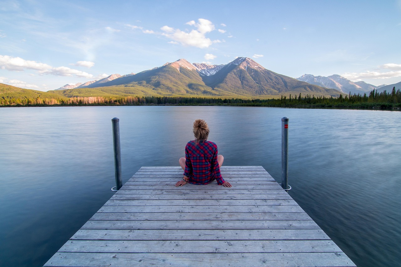 jetty, woman, sitting, nature, relaxing, dock, lake, landscape, outdoors, person, scenery, serene, calm, tranquil, girl, blue landscape, blue relax, blue calm, blue lake